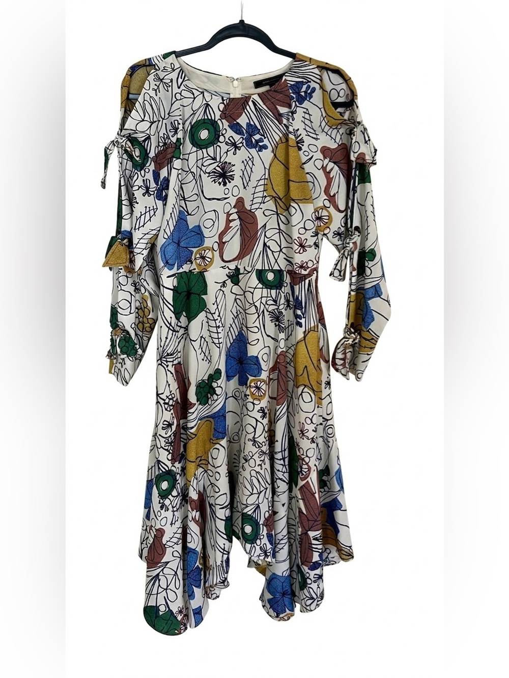 Abstract Floral Print Cold-Shoulder Midi Dress in White